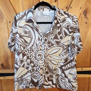 Alfred Dunner Vintagand yellow patterned gauzy short sleeved blouse w/lining.